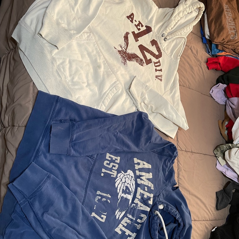 American Eagle Outfitters Cream & Blue Pullover Hoodies with Graphic Logos